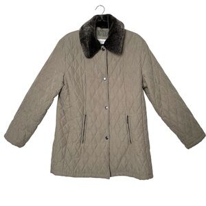 Vintage Liz Claiborne Long Barn Jacket Taupe Quilted Faux Fur Collar Cabincore